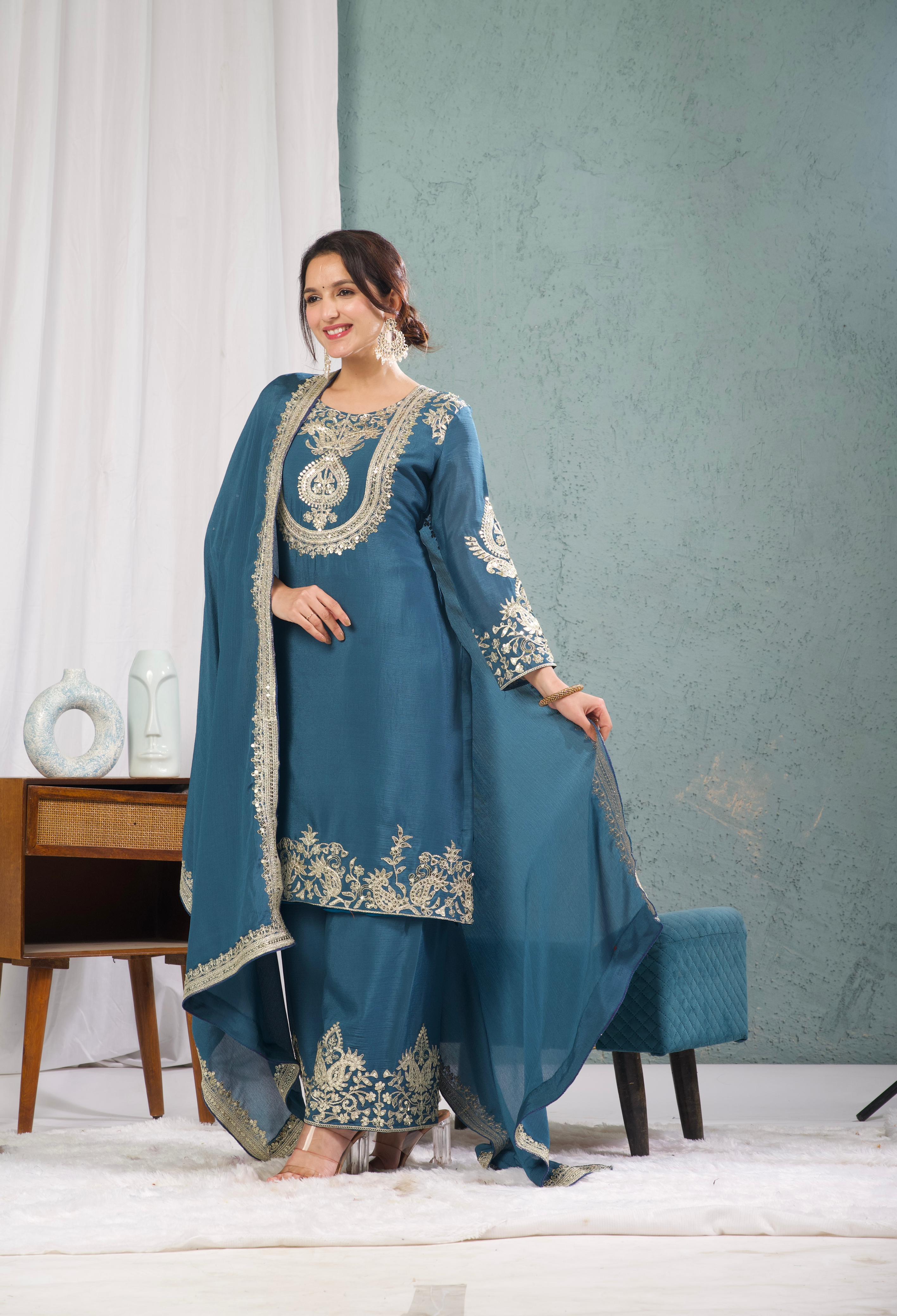Chinon Silk Sharara Suit with Embroidery Work