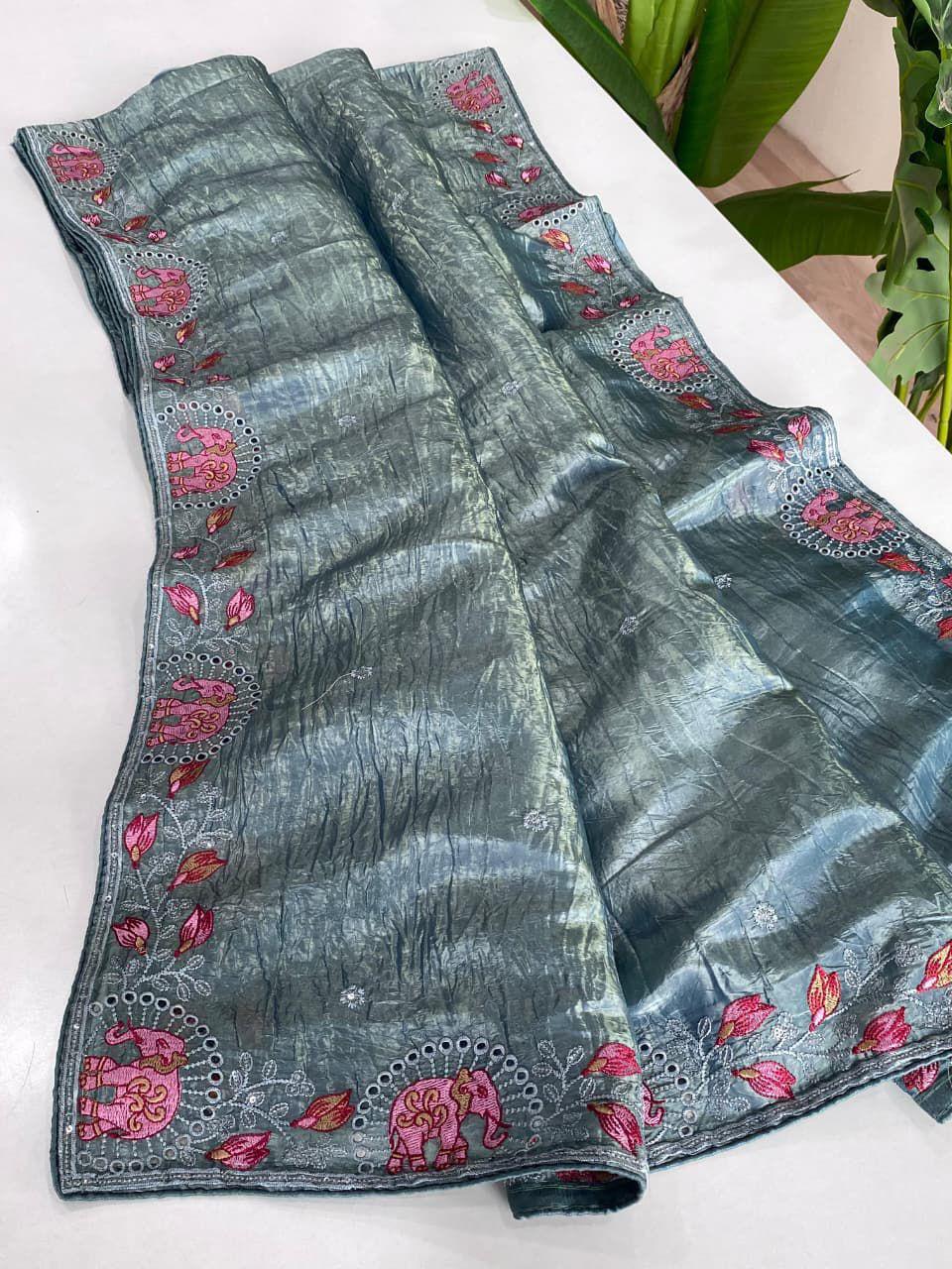Pure crush silk saree with Embroidery Work