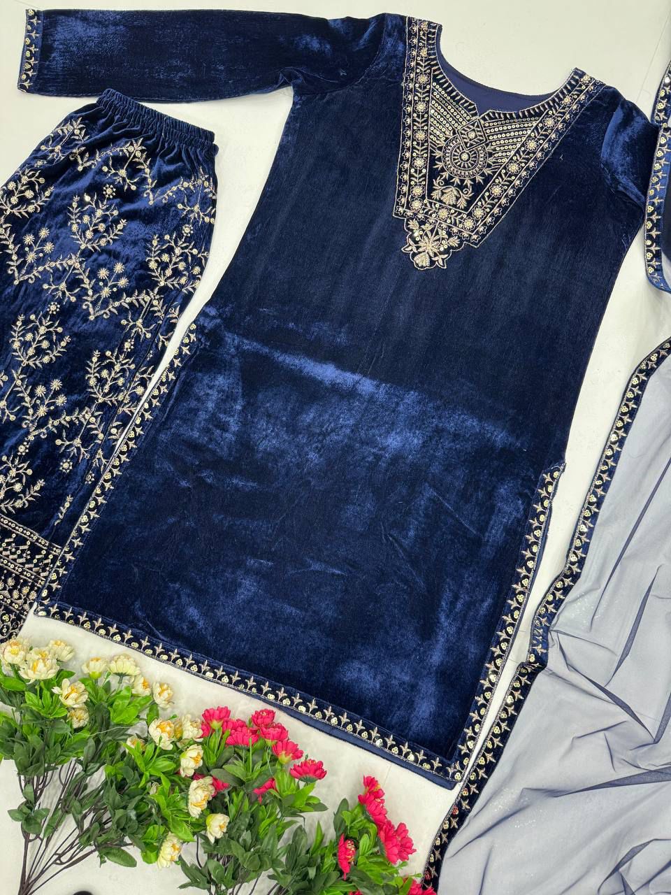 Blue Heavy Viscose Velvet Embroidered Top & Palazzo Set