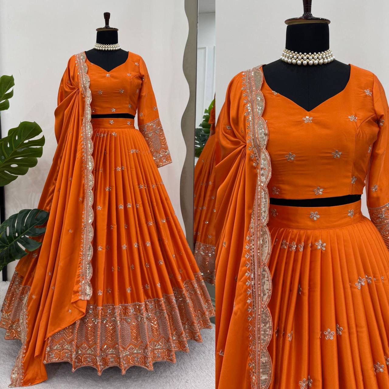 Orange Satin Silk Lehenga Set