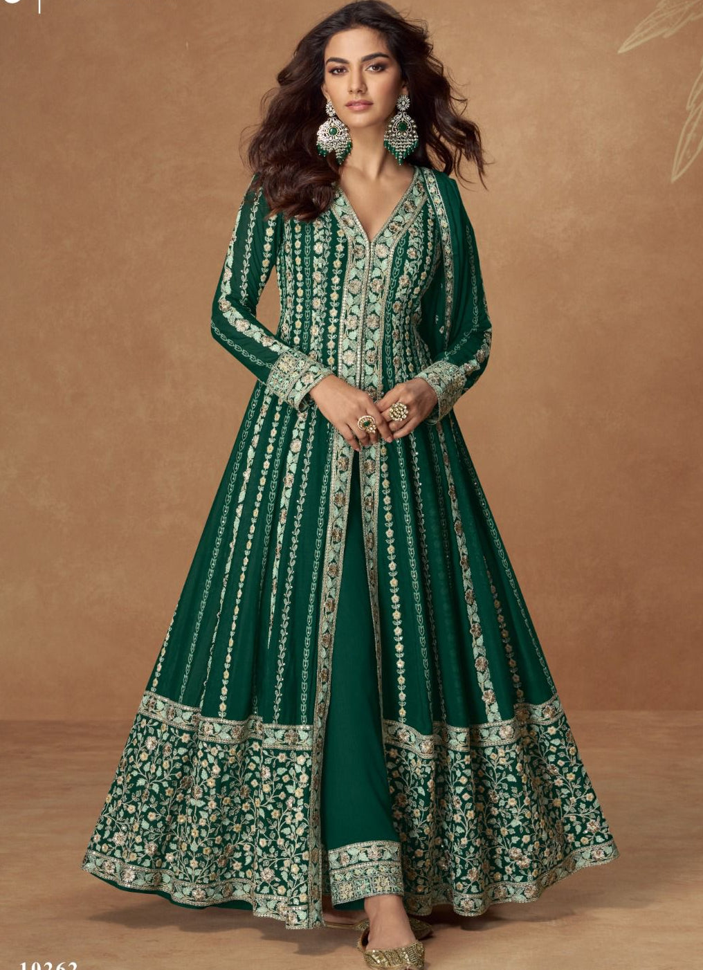 Green Chinon Silk Embroidery Indo western Set