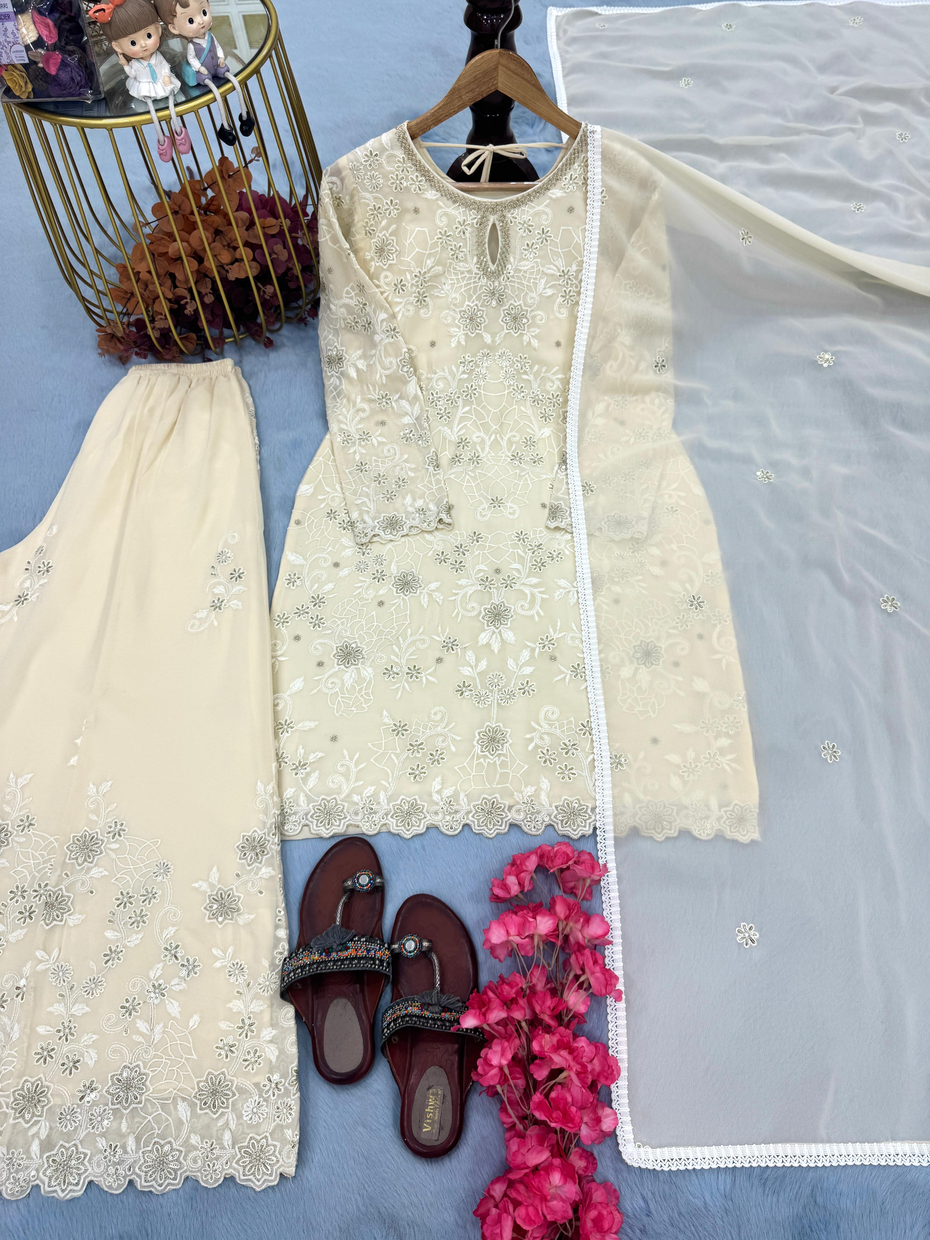 Faux Georgette Embroidery Plazzo Suits