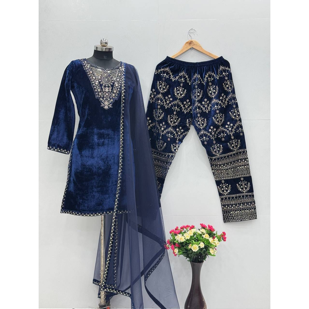 Blue Heavy Viscose Velvet Embroidered Top & Palazzo Set