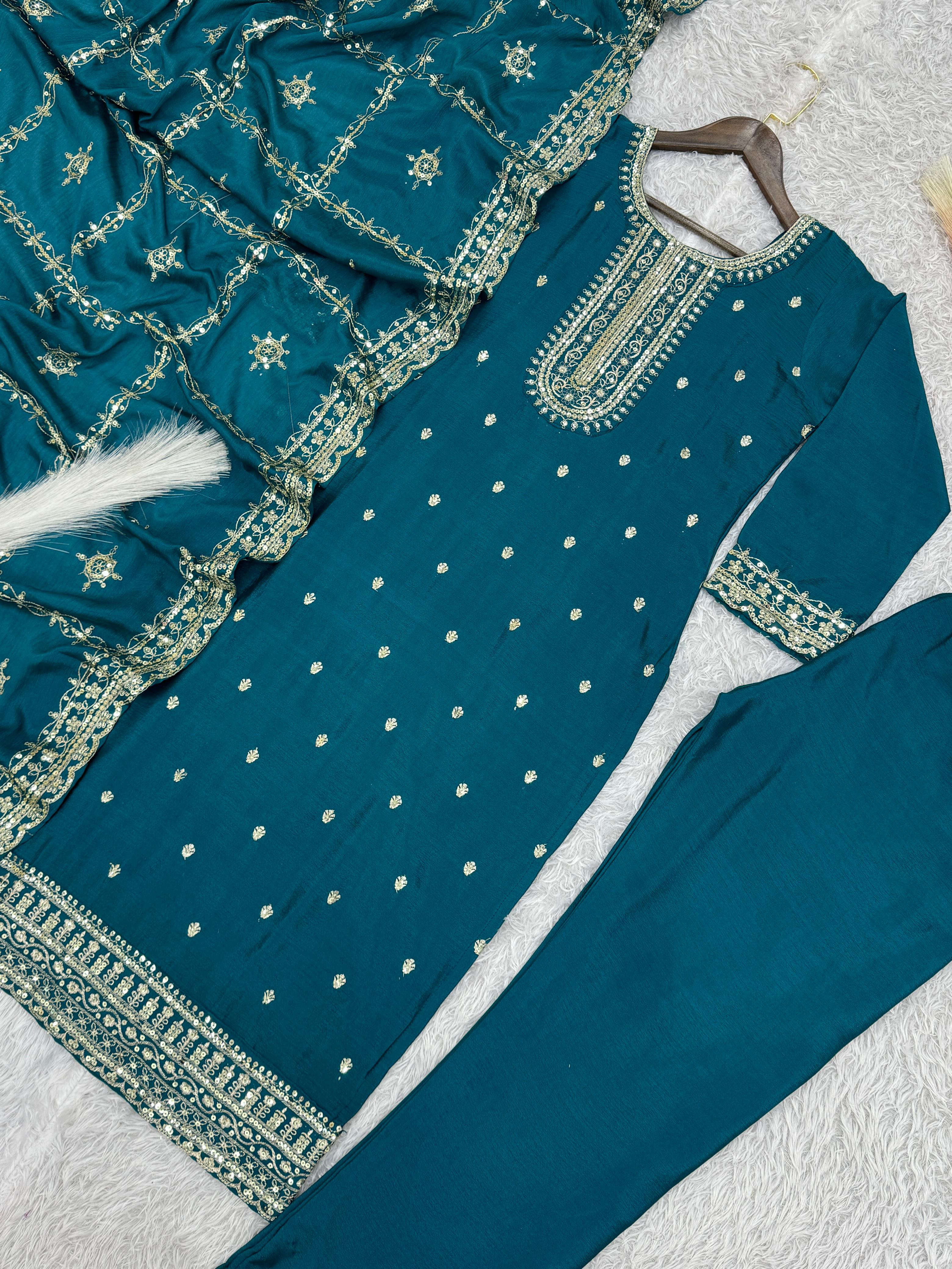 Blue Chinon Silk Embroidery Suit with Pant & Dupatta