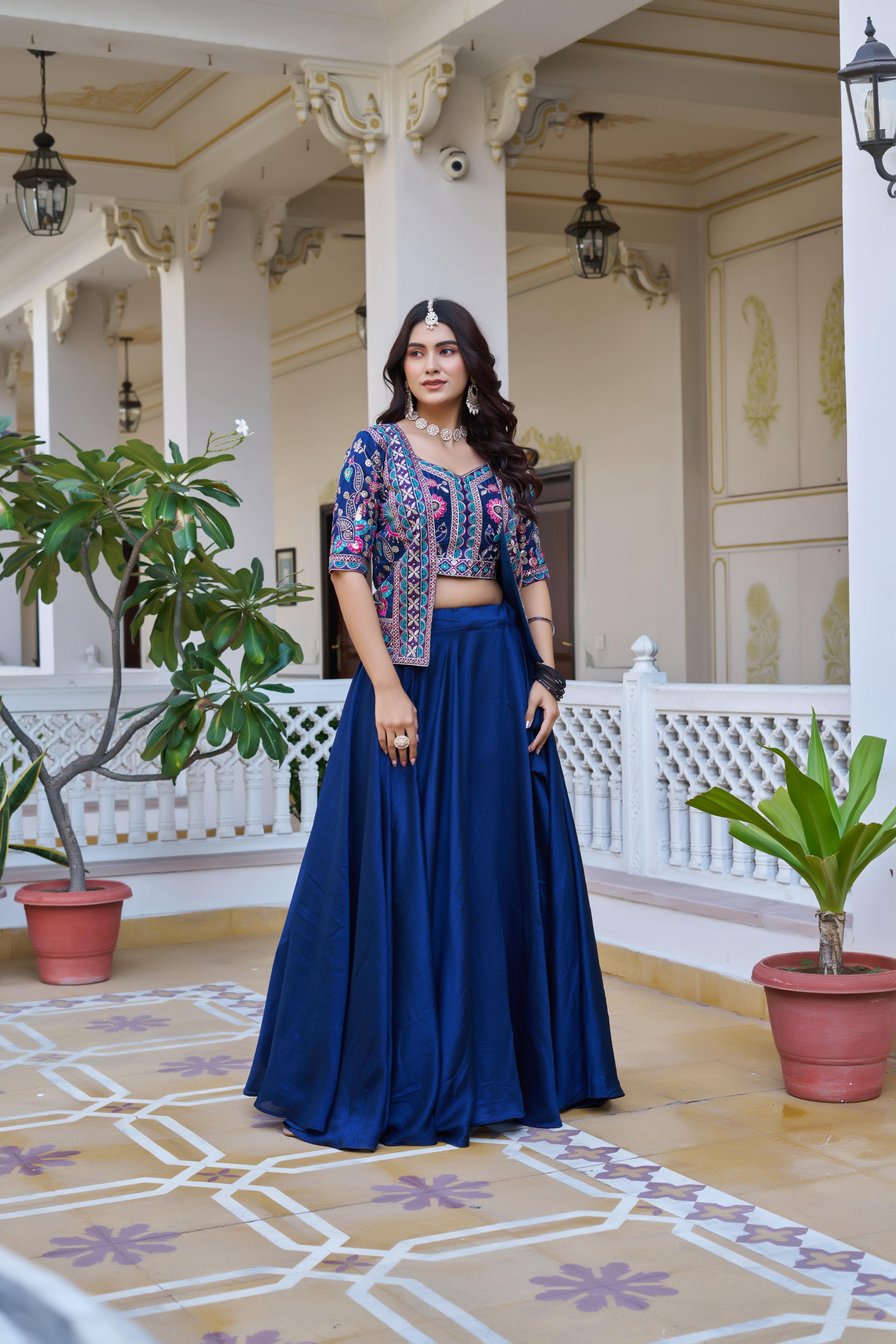 Vichitra Lehenga Choli with embroidered Koti Jacket