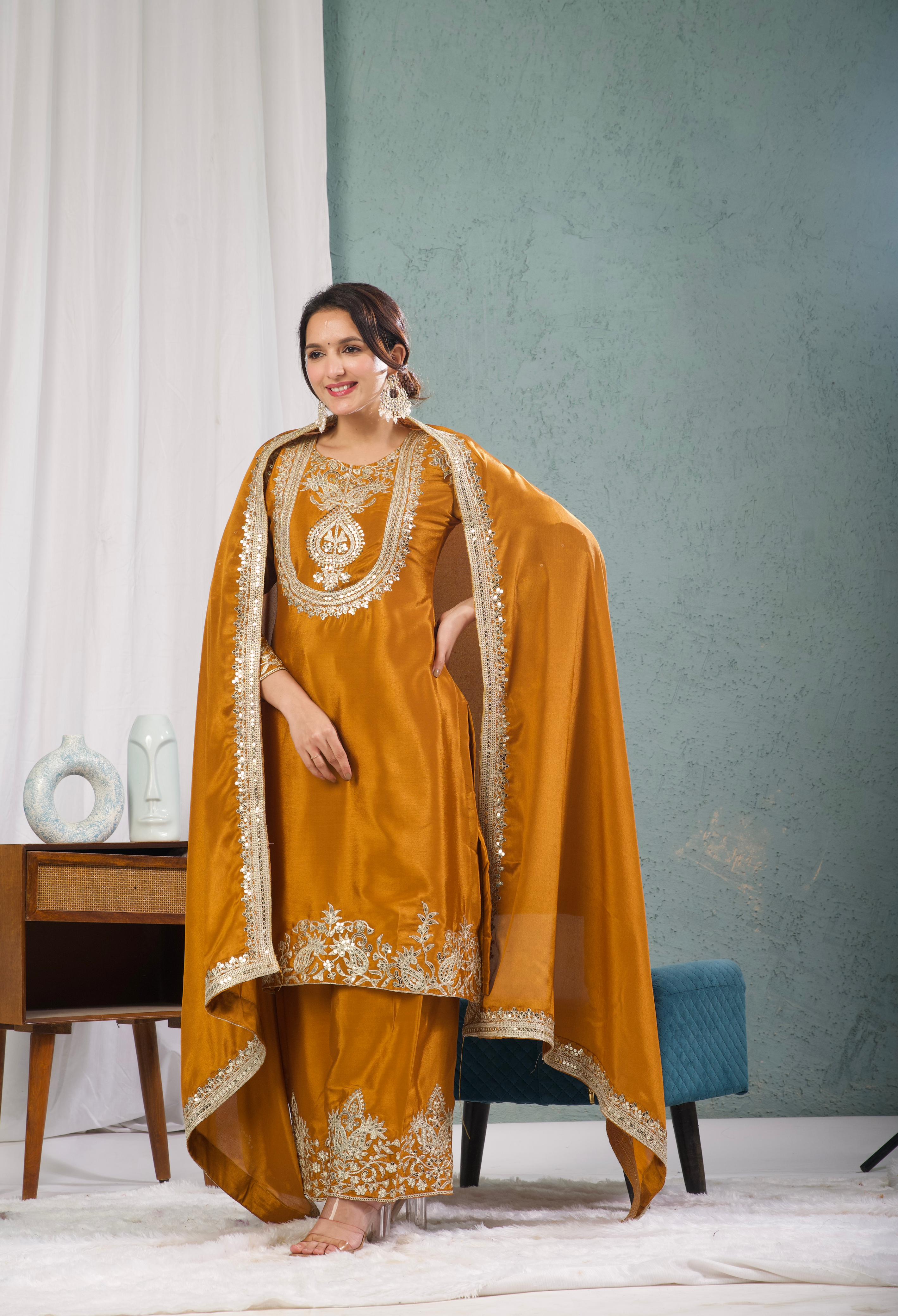 Chinon Silk Sharara Suit with Embroidery Work