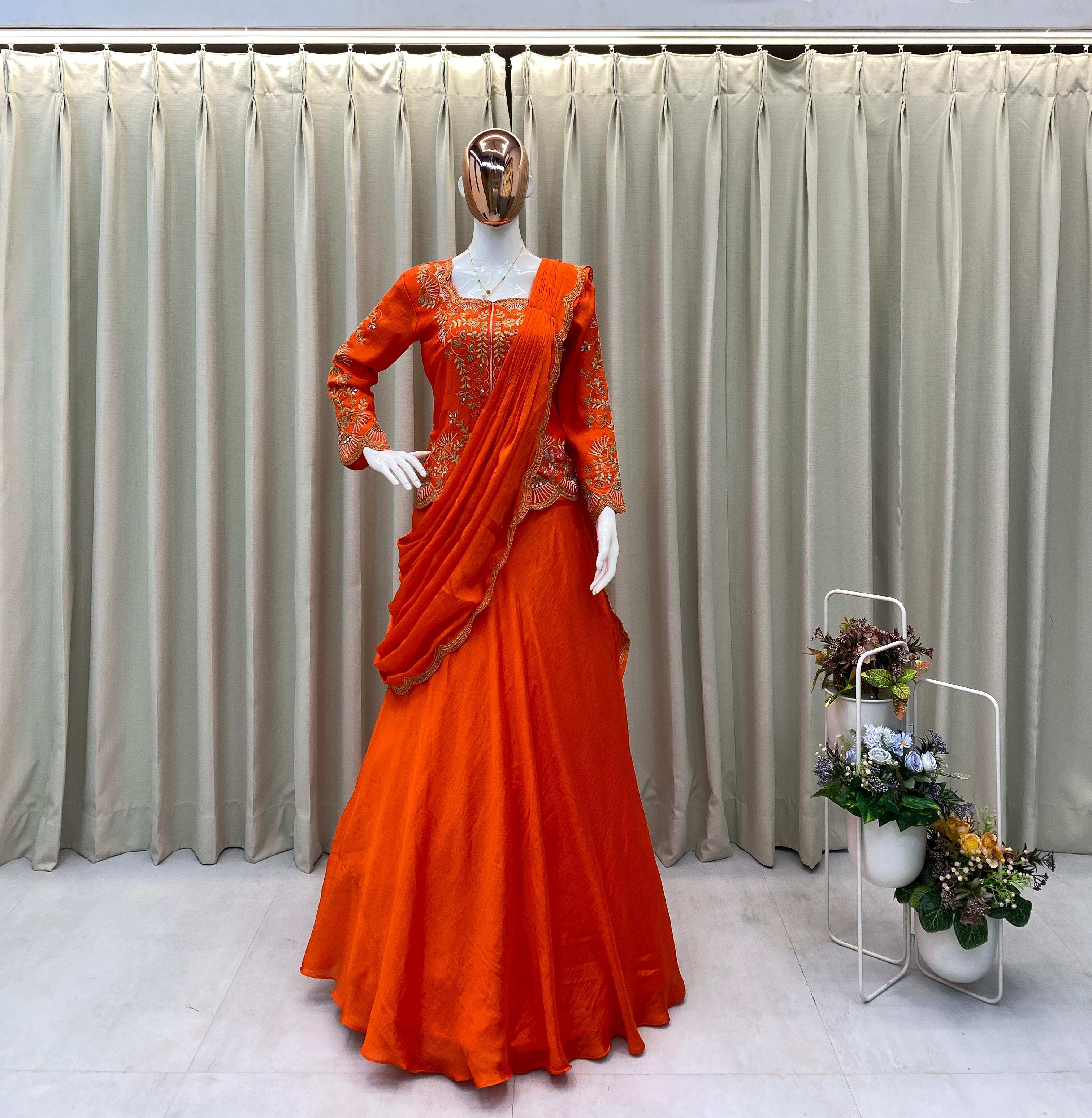 Orange Elegant Chinon Lehenga Saree with Long Blouse & Embroidered Border
