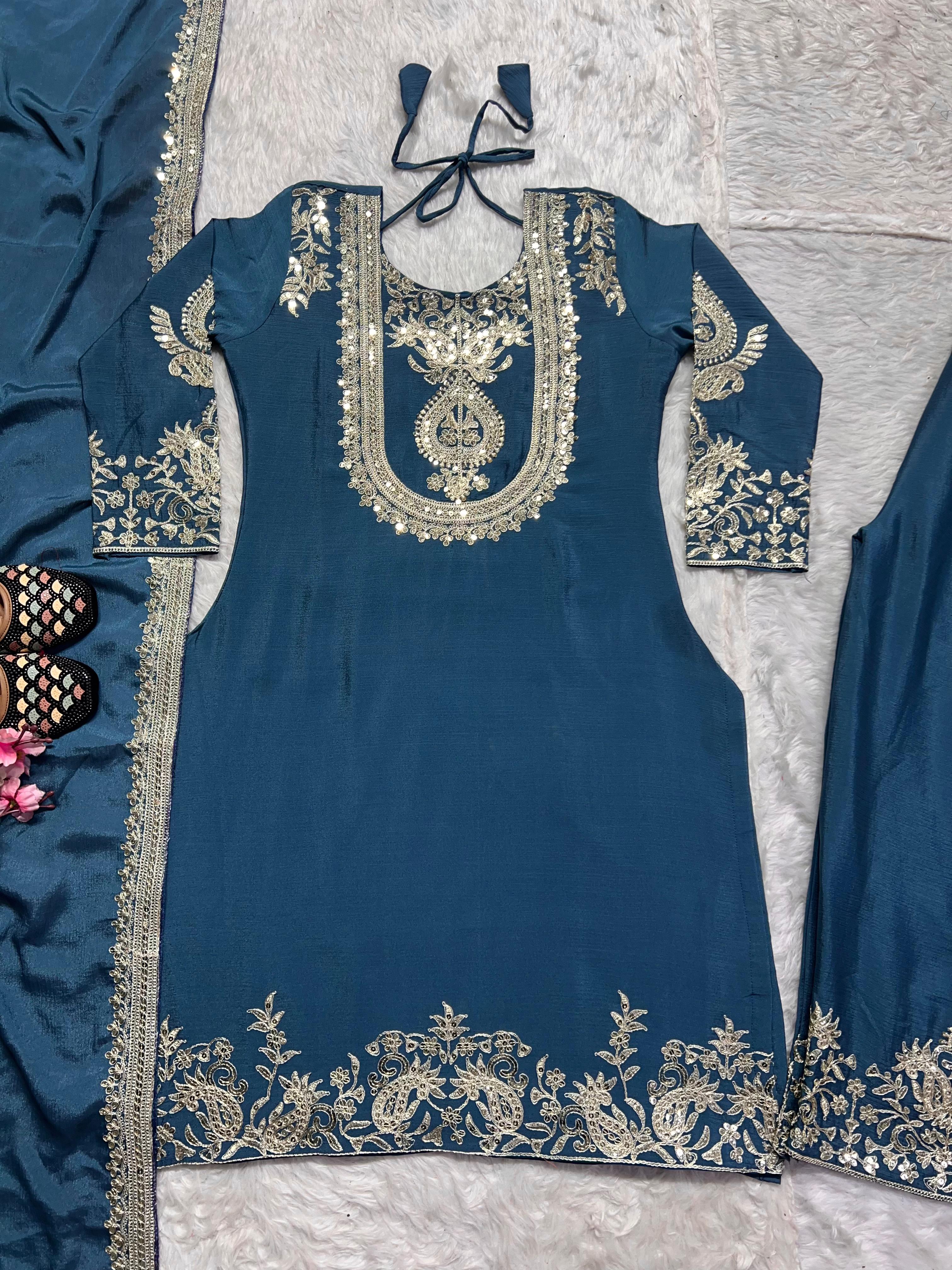 Chinon Silk Sharara Suit with Embroidery Work