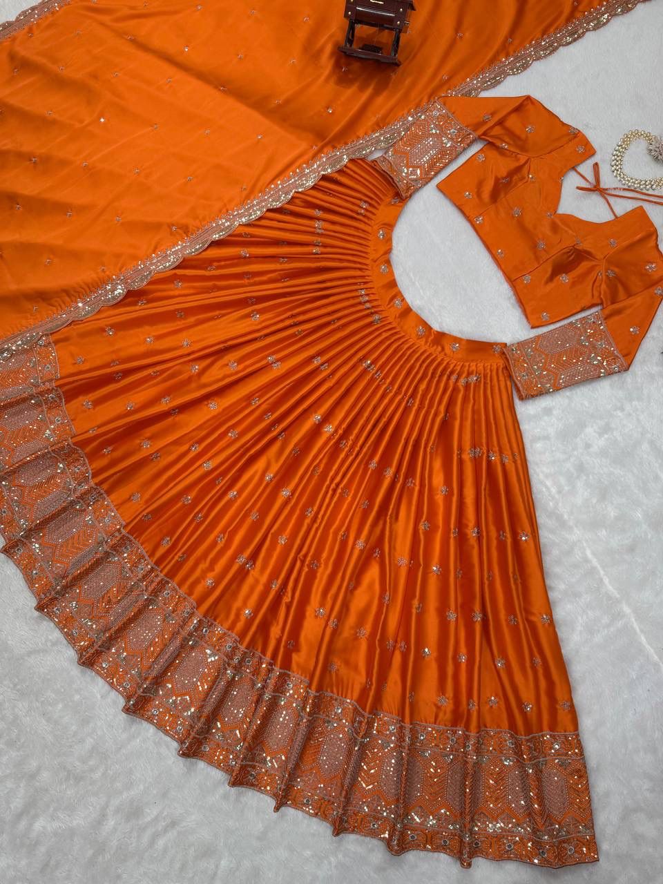 Orange Satin Silk Lehenga Set