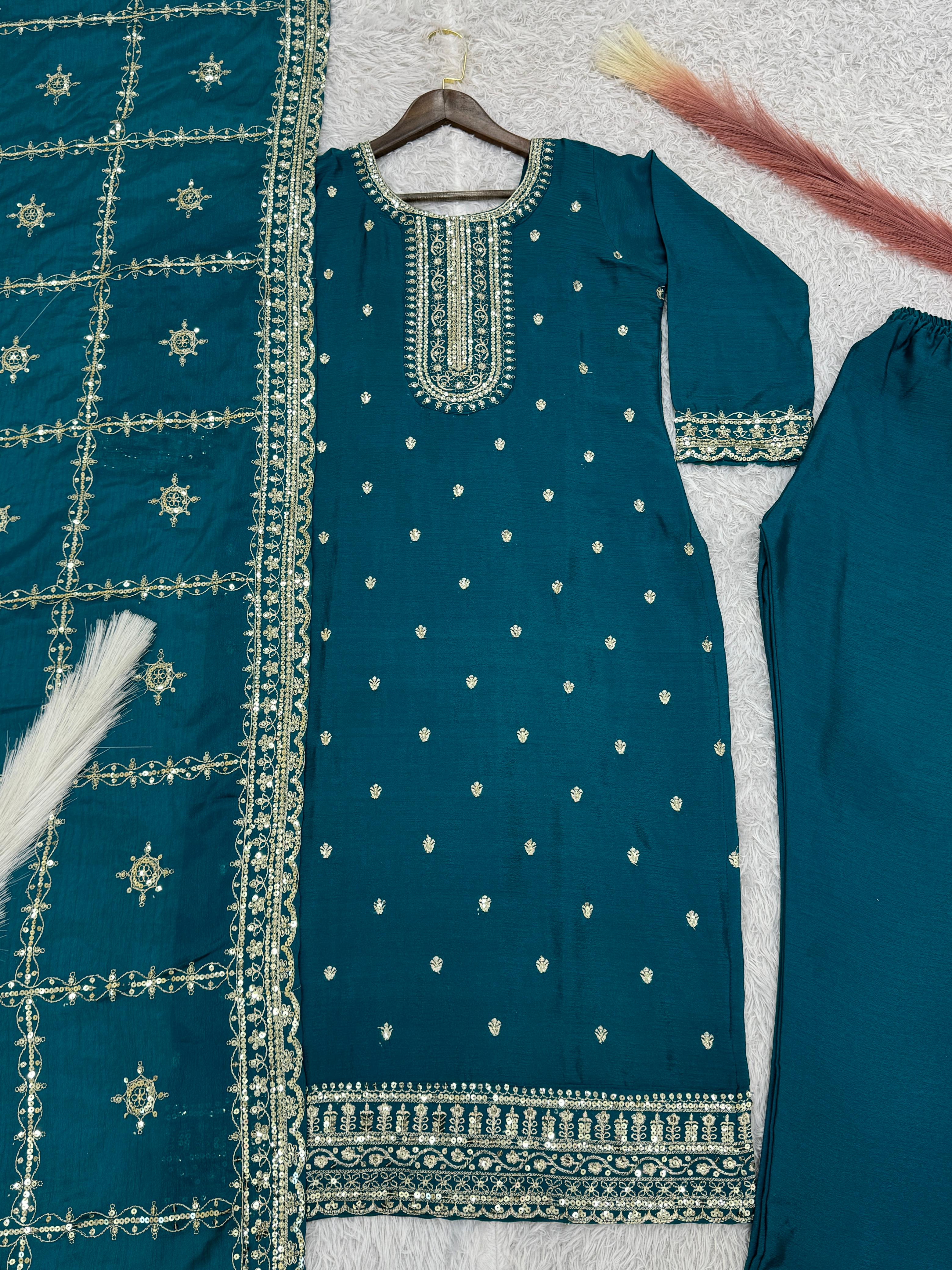 Blue Chinon Silk Embroidery Suit with Pant & Dupatta