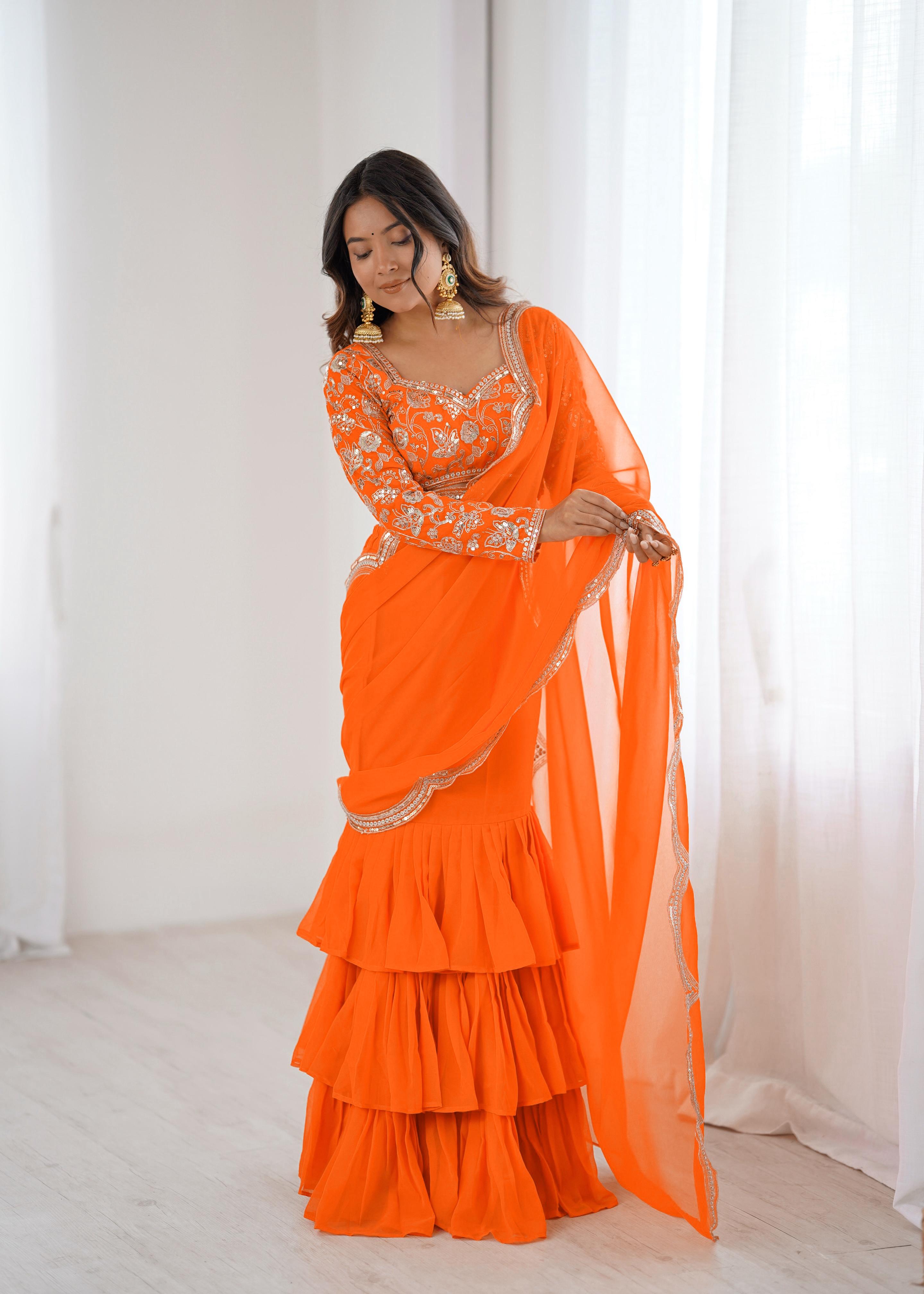 Orange Faux Georgette Ruffle Saree with Sequin Embroidery