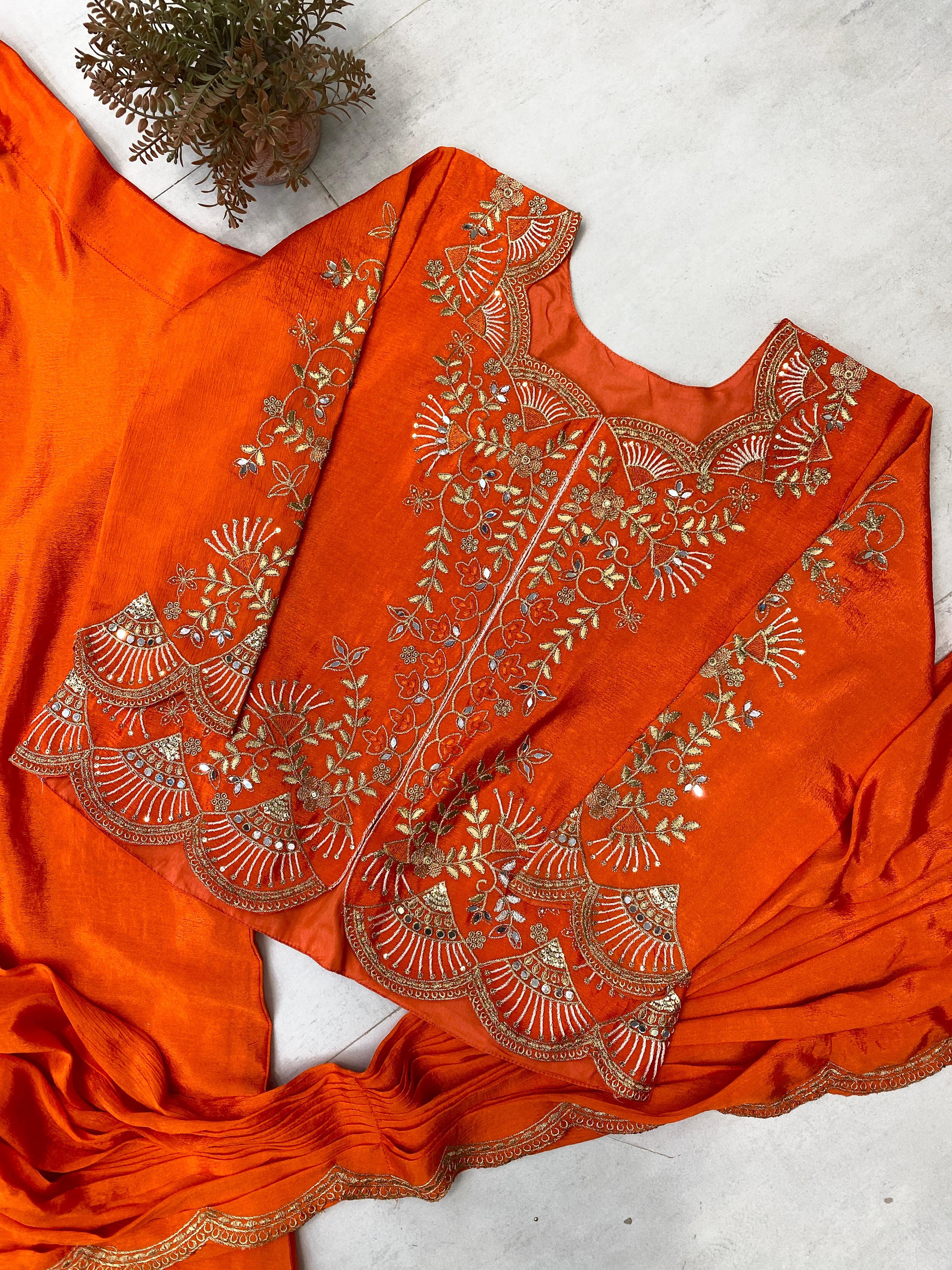 Orange Elegant Chinon Lehenga Saree with Long Blouse & Embroidered Border