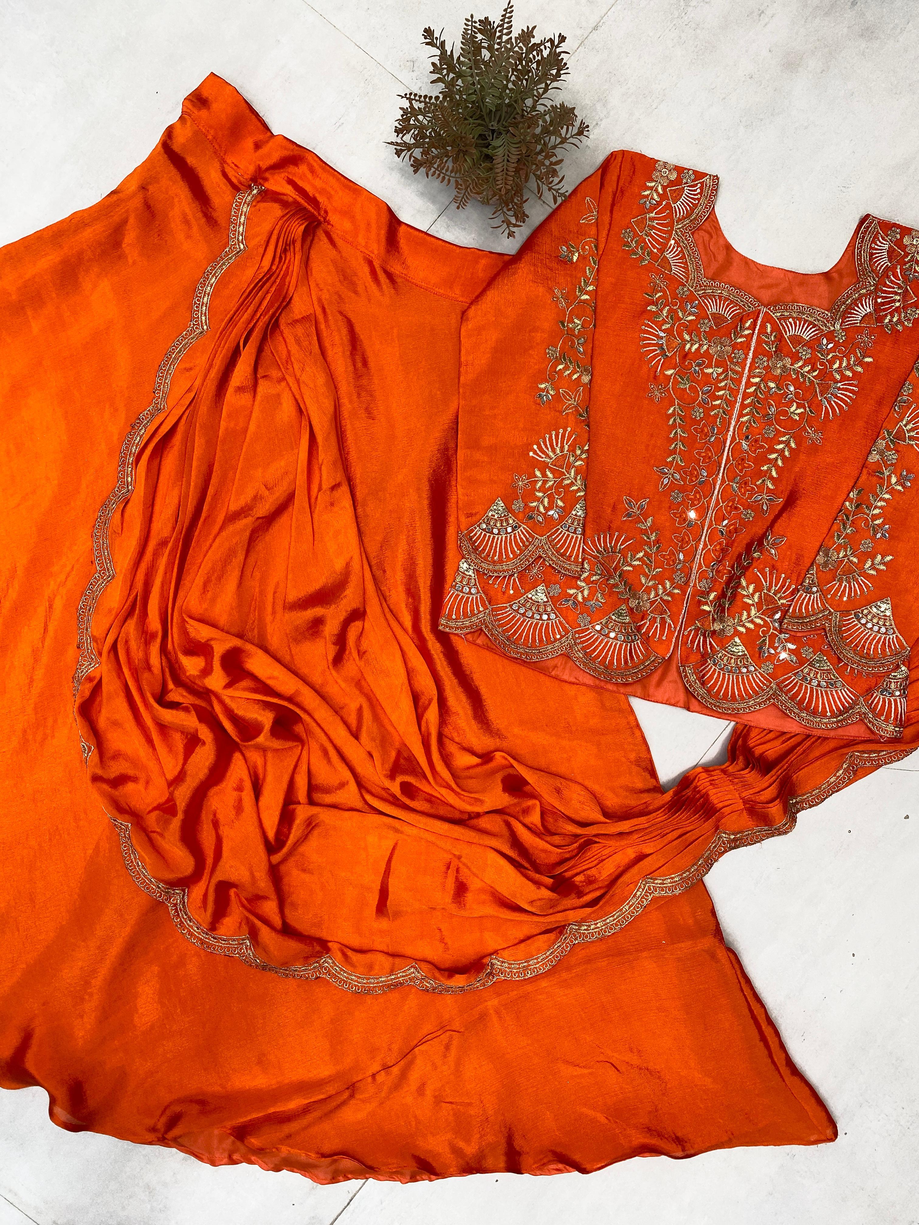 Orange Elegant Chinon Lehenga Saree with Long Blouse & Embroidered Border