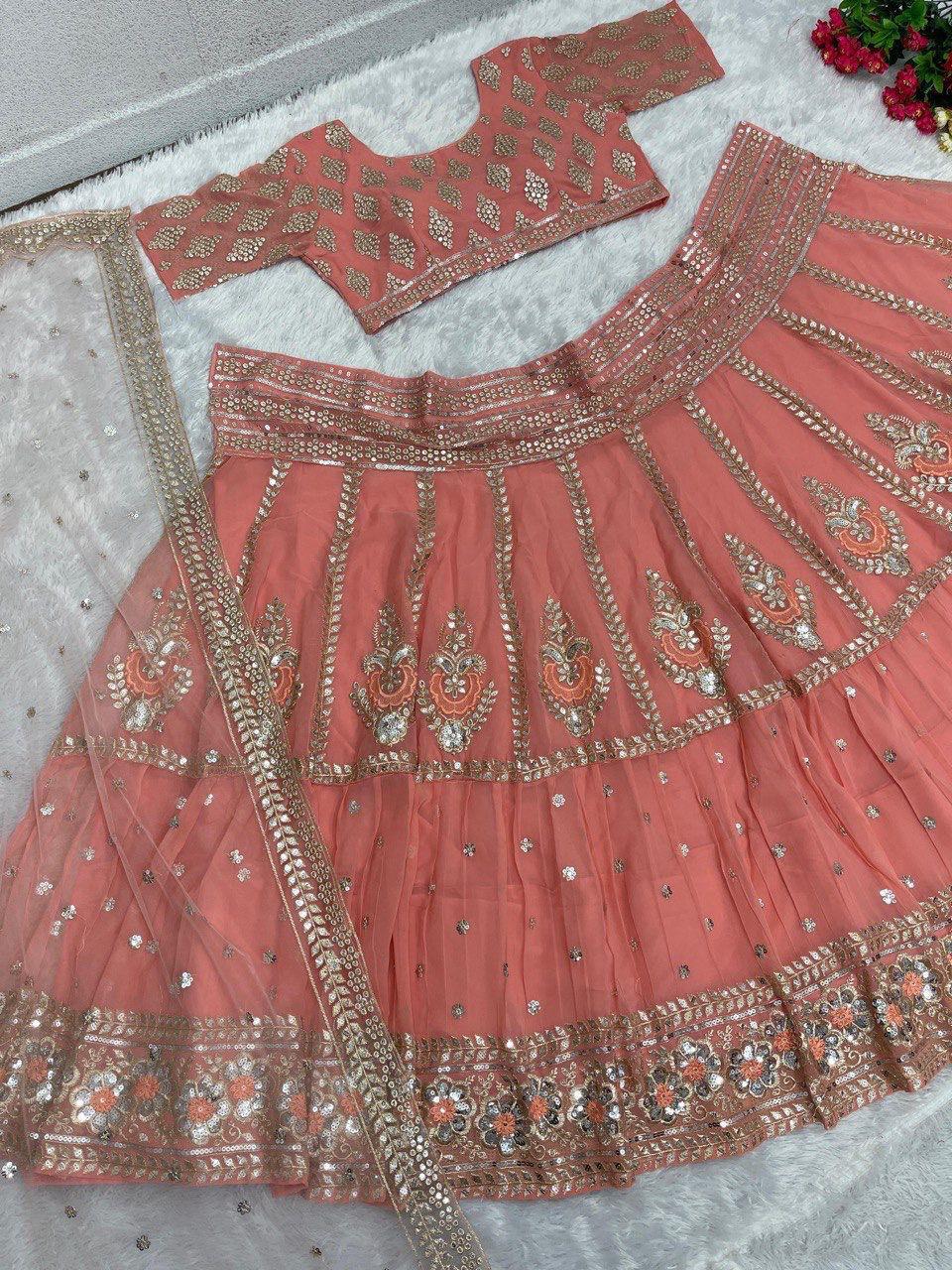 Peachy Pink Heavy Faux Georgette Embroidered Sequin Work Lehenga Set