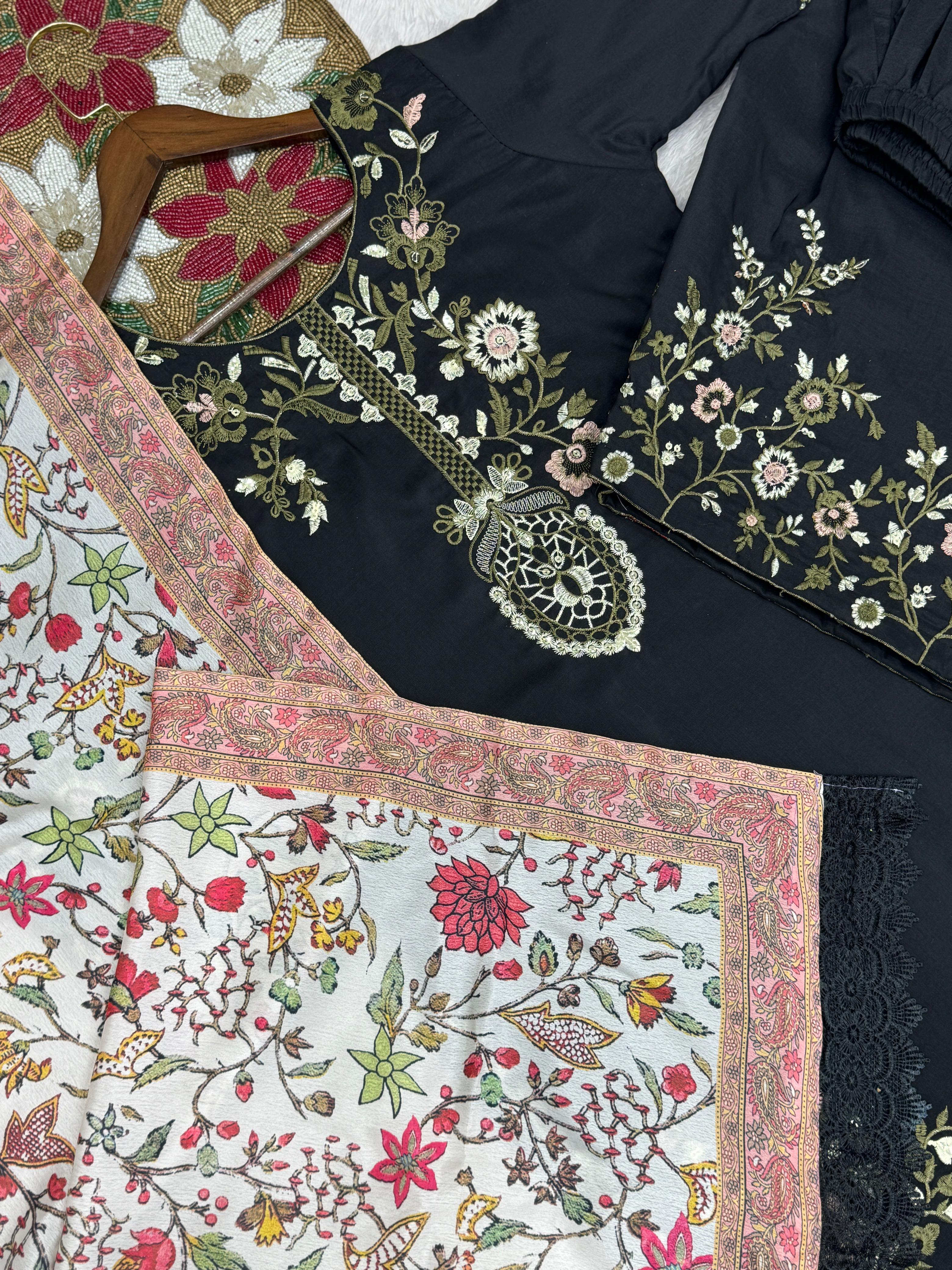 Black Maska Cotton Embroidered Kurti Plazzo Set with Printed Dupatta